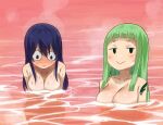  2girls bath bathing blue_hair blush breasts cleavage completely_nude convenient_censoring dark_blue_hair dripping eden&#039;s_zero gaston18 green_hair highres homura_kogetsu kleene_(eden&#039;s_zero) large_breasts long_hair multiple_girls nude steam tattoo water wet 