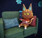  3d_(artwork) animal_crossing anthro bottomless brown_body clothed clothing digital_media_(artwork) domestic_cat fangs felid feline felis female fur furniture gaming genitals katt_(animal_crossing) looking_at_viewer mammal nintendo nintendo_switch one_eye_closed pillow playing_videogame pussy simple_background smile snowflake sofa solo syntactic_cherry video_games wink 