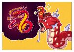  absurdres border centiskorch fukidashi_cotton gigantamax gigantamax_centiskorch gyarados highres imagining imitating no_humans on_head outline pokemon pokemon_(creature) sizzlipede sparkle sweat whiskers white_border 