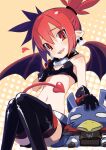  1girl absurdres bare_shoulders black_bra black_footwear black_gloves boots bra breasts disgaea earrings elbow_gloves etna_(disgaea) gloves heart heart_tail highres jewelry looking_at_viewer makai_senki_disgaea pointy_ears red_eyes red_hair red_thighhighs short_hair simple_background sitting skirt skull_earrings slit_pupils small_breasts solo studded_bracelet tail thigh_boots thighhighs thighhighs_under_boots twintails underwear 