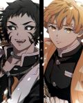  2boys agatsuma_zenitsu amata_(pixiv25705097) bangs black_hair black_sclera blonde_hair blurry choker closed_mouth colored_sclera colored_tips column_lineup crack demon_boy demon_slayer_uniform depth_of_field electricity facial_mark fangs fighting_stance forked_eyebrows frown haori highres holding holding_sword holding_weapon japanese_clothes jewelry kaigaku katana kimetsu_no_yaiba light_particles long_sleeves magatama male_focus multicolored_hair multiple_boys necklace open_mouth orange_hair portrait ready_to_draw short_hair simple_background smile spoilers stole streaked_hair sword sword_on_back text_in_eyes triangle_print weapon weapon_on_back white_background yellow_eyes 