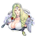  1girl armor blonde_hair braid braided_ponytail breasts cape cleavage fire_emblem fire_emblem_heroes flower large_breasts lips looking_to_the_side meziosaur nott_(fire_emblem) pink_lips red_cape shoulder_armor solo tiara upper_body 