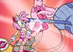  amy_rose angry anthro armor bottomwear breasts clothing crossover duo female female/female fight fighting_pose fours_(artist) generation_9_pokemon genitals hammer humanoid inverted_nipples loincloth mostly_nude nintendo nipples nude pokemon pokemon_(species) pose pussy sega short_stack simple_background sonic_the_hedgehog_(series) tinkaton tools video_games 