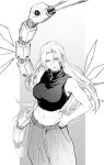  1girl forehead garuda_(jujutsu_kaisen) highres jujutsu_kaisen long_hair looking_at_viewer midriff monochrome shikigami sleeveless stomach tntnsososo tsukumo_yuki_(jujutsu_kaisen) 