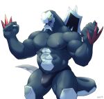  abs anthro back_spines backbone baxcalibur biceps bottomwear bulge carcharodontosaurid claws clothing concavenator dark_body dark_skin dinosaur dragon generation_9_pokemon genitals hand_spike hexagon hi_res ice kaiju male muscular muscular_anthro muscular_male muscular_thighs nintendo nipples open_mouth pecs penis pokemon pokemon_(species) pose raised_arms reflective reptile scalie serratus sharp_claws sharp_teeth simple_background solo teeth theropod triceps underwear video_games voviat white_background yellow_eyes 