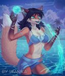  2022 5_fingers anthro black_hair breasts canid canine clothed clothing detailed_background digital_media_(artwork) female fingers fox fur green_eyes green_nose hair imanika mammal midriff navel night open_mouth orange_body orange_fur outside partially_submerged solo tongue water white_body white_fur 