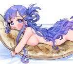  1girl adachi_(nogami_nono) asari_nanami blue_eyes blue_hair blush breast_press breasts completely_nude dakimakura_(object) grilled_fish hair_rings idolmaster idolmaster_cinderella_girls large_breasts long_hair looking_at_viewer lying nude object_hug on_stomach pillow pillow_hug solo very_long_hair 