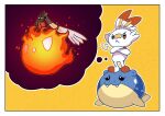  :&lt; :3 absurdres border cinderace fangs fire fukidashi_cotton furrowed_brow gigantamax gigantamax_cinderace highres imagining no_humans outline pokemon pokemon_(creature) scorbunny spheal standing_on_another&#039;s_head thought_bubble white_border 