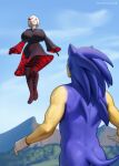  1boy 1girl artist_name ass black_dress blue_skin bodypaint breasts colored_skin day dress english_commentary floating gloves hair_over_one_eye highres huge_breasts humanization long_hair looking_at_another multicolored_hair one_eye_covered outdoors red_eyes red_hair sage_(sonic) short_hair sonic_(series) sonic_frontiers sonic_the_hedgehog spiked_hair standing streaked_hair totesfleisch8 white_gloves white_hair 