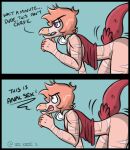  anthro bottomless clothed clothing comic dialogue dinosaur dromaeosaurid english_text feathered_tail feathers goodbye_volcano_high hair headphones headphones_around_neck humor long_snout male offscreen_sex open_mouth pink_body pink_hair purple_eyes reed_(gvh) reptile scalie seven_(artist) snoot_game_(fan_game) snout solo text theropod velociraptor 