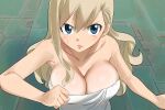 1girl blonde_hair blue_eyes blush breasts cleavage closed_mouth dripping eden&#039;s_zero gaston18 highres large_breasts long_hair naked_towel rebecca_bluegarden towel wet 
