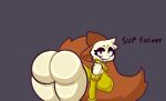  anthro arm_warmers armwear big_butt breasts butt clothed clothing dialogue female fluffy fluffy_tail kittyfox looking_at_viewer nilly_(nillykfox) nillykfox nipple_outline partially_clothed presenting presenting_hindquarters sepiakfox shoulder_tuft solo sweater text topwear tuft 