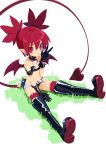  1girl absurdres bare_shoulders black_bra black_footwear black_gloves boots bra breasts disgaea earrings elbow_gloves etna_(disgaea) full_body gloves heart heart_tail highres jewelry looking_at_viewer makai_senki_disgaea pointy_ears red_eyes red_hair red_thighhighs short_hair simple_background sitting skirt skull_earrings slit_pupils small_breasts solo studded_bracelet tail thigh_boots thighhighs thighhighs_under_boots twintails underwear 
