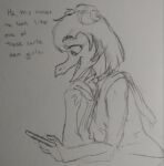  anthro choker dialogue dinosaur english_text female goodbye_volcano_high hair hi_res jewelry looking_down monochrome necklace open_mouth ornithischian phone ponyquarantine reptile scalie sketch snoot_game_(fan_game) solo stegosaurian stegosaurus stella_(gvh) text thyreophoran traditional_media_(artwork) video_games 