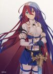  1girl alear_(fire_emblem) alear_(fire_emblem)_(female) bangs blue_eyes blue_gloves blue_hair blue_skirt breasts cape closed_mouth commentary_request crml_orng crossed_bangs fire_emblem fire_emblem_engage gloves hair_between_eyes heterochromia highres holding holding_sword holding_weapon long_hair long_sleeves looking_away medium_breasts multicolored_hair red_cape red_eyes red_hair simple_background skirt smile solo split-color_hair sword tiara twitter_username two-tone_hair very_long_hair weapon white_background 