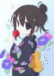  1girl bangs black_eyes black_hair black_kimono blue_background candy_apple closed_mouth commentary_request floral_print flower food gradient gradient_background hair_between_eyes hair_bun highres holding holding_food japanese_clothes kimono looking_at_viewer looking_to_the_side morning_glory obi original pink_flower print_kimono purple_flower rensei sash solo white_background yukata 