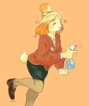  animal_crossing anthro blush bottomwear brown_clothing brown_footwear brown_shoes canid canine canis cardigan clothing domestic_dog female footwear fur hi_res isabelle_(animal_crossing) mammal nintendo patrasche99 pencil_skirt shih_tzu shoes skirt smile solo spray_bottle topwear toy_dog video_games yellow_body yellow_fur 