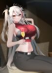  1girl absurdres alternate_costume antenna_hair azur_lane bangs bare_shoulders belt black_belt black_ribbon breasts casual champagne_flute commentary couch cowboy_shot crop_top cup dated_commentary denim drinking_glass grin groin hair_between_eyes hand_up highres holding holding_cup j_yak47 jeans large_breasts long_hair looking_at_viewer midriff mole mole_on_breast multicolored_hair navel orange_eyes pants prinz_eugen_(azur_lane) red_hair red_shirt ribbon shadow shirt sideboob sidelocks sitting sleeveless sleeveless_shirt smile solo streaked_hair taut_clothes taut_shirt teeth turtleneck two_side_up underbust very_long_hair white_hair 