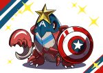  absurdres captain_america captain_america_(cosplay) captain_america_(series) cosplay crawdaunt fukidashi_cotton highres marvel mask no_humans pokemon pokemon_(creature) serious shield sparkle 