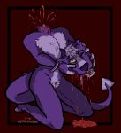  anthro blood blood_in_mouth blood_on_face blood_pool blood_spray bodily_fluids canid canid_demon canine crotch_tuft death decapitation demon eye_roll forked_tongue fur gore hellhound hi_res kneeling levi_(shadyhouse) male mammal neck_tuft nosebleed pointed_tail purple_body purple_fur shadyhouse solo teeth tongue tongue_out tuft 