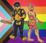  anthro ball_gag blush bodily_fluids burgerpants clothing dominant duo felid fur gag gagged garfield_(series) garfield_the_cat gloves handwear hi_res humor kink kink_gear latex latex_gloves leather leather_clothing leather_daddy lgbt_pride male male/male mammal orange_body orange_fur paddle pride_color_flag pride_colors rubber rubber_clothing rubber_suit shadyhouse spanking_butt spanking_paddle submissive sweat undertale_(series) 