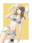  1girl :d bangs bare_arms bare_shoulders bikini blue_eyes border breasts brown_hair choker cleavage collarbone commentary_request cowboy_shot eunie_(xenoblade) hand_in_own_hair hand_up head_wings highres large_breasts long_hair looking_at_viewer navel open_mouth oto_nagi outside_border smile solo standing stomach swimsuit thighs white_bikini white_border white_choker xenoblade_chronicles_(series) xenoblade_chronicles_3 yellow_background 