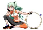  1girl anima_(samidare) breasts closed_mouth cosplay full_body glasses gloves green_eyes green_hair highres hoshi_no_samidare long_hair looking_at_viewer midriff mizukami_satoshi pants ponytail ring_fit_adventure ring_fit_trainee_(female) ring_fit_trainee_(female)_(cosplay) simple_background solo sports_bra white_background yoga_pants 