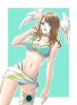  1girl :d aqua_background aqua_bikini bangs bare_arms bare_shoulders bikini blue_eyes border breasts brown_hair choker cleavage collarbone commentary_request cowboy_shot eunie_(xenoblade) hand_in_own_hair hand_up head_wings highres large_breasts long_hair looking_at_viewer navel open_mouth oto_nagi outside_border smile solo standing stomach swimsuit thighs white_border white_choker xenoblade_chronicles_(series) xenoblade_chronicles_3 