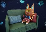  3d_(artwork) animal_crossing anthro brown_body clothed clothing digital_media_(artwork) domestic_cat fangs felid feline felis female fur furniture gaming katt_(animal_crossing) mammal nintendo nintendo_switch pillow playing_videogame simple_background smile snowflake sofa solo syntactic_cherry video_games 