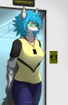  anthro blue_hair bottomwear canid canine canis clothing coat denim denim_clothing eyewear female glasses hair hi_res jeans lab_coat looking_at_viewer lucy(professor) mammal pants science_fiction shirt solo topwear treniea wolf yellow_eyes 