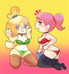  4_fingers absurd_res accessory animal_crossing anthro areola areola_slip beverage big_breasts black_clothing black_legwear black_stockings blush bottomwear bow_(feature) bow_accessory bow_ribbon bra breasts butt canid canine canis choker cleavage clothed clothing collar digital_media_(artwork) dog_tags domestic_dog duo eyewear female fingers food fur gesture glasses green_bra green_clothing green_panties green_underwear hair hair_accessory hair_bell hi_res human isabelle_(animal_crossing) jewelry kneeling legwear looking_at_viewer mammal midriff navel necklace nintendo onigiri_punch open_mouth panties pawpads pepsi pink_hair ponytail red_bra red_clothing red_eyewear red_glasses red_panties red_underwear shih_tzu simple_background smile soda stockings thigh_highs topwear toy_dog underwear v_sign video_games villager_(animal_crossing) yellow_body yellow_fur 