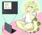  anthro bed blush bottomwear clothing computer crossed_legs cutoffs denim denim_clothing dinosaur discord_(app) eyes_closed face_squish female furniture goodbye_volcano_high green_body green_hair hair hi_res laptop ornithischian reptile scalie shorts sitting snoot_game_(fan_game) solo spiked_tail spikes spikes_(anatomy) squish stegosaurian stegosaurus stella_(gvh) thyreophoran unknown_artist video_games 