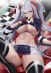  1girl antenna_hair azur_lane bangs belt black_footwear blue_jacket blue_skirt blush boots breasts checkered_flag cleavage clothing_cutout cropped_jacket cyicheng earpiece flag gloves hair_ornament half_gloves high_heel_boots high_heels highleg highleg_panties jacket large_breasts long_hair looking_at_viewer miniskirt multicolored_hair navel official_alternate_costume orange_eyes panties prinz_eugen_(azur_lane) prinz_eugen_(final_lap)_(azur_lane) race_queen red_hair red_panties skirt smile solo streaked_hair thigh_boots thighhighs thighs two-tone_skirt two_side_up underboob underboob_cutout underwear white_belt white_hair white_skirt 