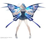  1girl angry bare_legs blue_eyes blue_hair blue_nails breasts butterfly_wings commission dress earrings floating_hair full_body gold_earrings high_heels indie_virtual_youtuber jewelry large_wings legs_apart long_sleeves looking_at_viewer medium_breasts monarch_(amalee) multicolored_hair neck_ribbon open_mouth outstretched_arms puffy_sleeves ribbon short_dress simple_background solo split-color_hair standing thighs two-tone_hair v-shaped_eyebrows watermark white_background white_hair wings yu_pa_u 