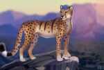  2020 absurd_res ambiguous_gender black_eyes blue_hair cheetah countershade_face countershade_torso countershading dated digital_media_(artwork) felid feline feral green_sclera hair hi_res mammal markings novery outside paws quadruped shaded solo spots spotted_markings standing 