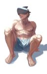  1boy abs beam_(chainsaw_man) chainsaw_man covered_face highres muscular muscular_male open_mouth riki_(riki_unc) shark_boy sharp_teeth short_hair shorts simple_background sitting solo spread_legs teeth topless_male white_background 