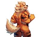  2021 anthro arcanine butt generation_1_pokemon hi_res licking licking_lips male muscular muscular_male nintendo nude o_reowoof pokemon pokemon_(species) simple_background solo standing tongue tongue_out video_games white_background 