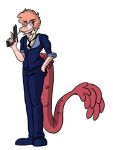  anthro cigarette clothed clothing cowboy_bebop dinosaur dromaeosaurid feathered_tail feathers goodbye_volcano_high gun hair handgun looking_at_viewer male multicolored_body pink_body pink_hair pistol purple_eyes ranged_weapon reed_(gvh) reptile scalie seven_(artist) simple_background snoot_game_(fan_game) solo suit theropod two_tone_body velociraptor video_games weapon white_background 