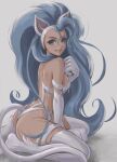 1girl absurdres ahoge animal_ears animal_feet animal_hands arm_support ass bangs bare_shoulders blue_eyes blue_hair breasts cat_ears cat_girl cat_tail commentary fangs felicia_(vampire) from_side fur grey_background hand_up highres lips long_hair looking_at_viewer medium_breasts multicolored_hair parted_lips shadow sideboob simple_background sitting smile solo tail teeth thighs tyanoki vampire_(game) wariza white_hair 