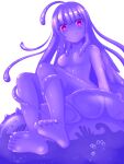  1girl ahoge bangs barefoot breasts bubble colored_skin full_body long_hair looking_at_viewer monster_girl original purple_skin red_eyes rethnick sitting slime_girl small_breasts smile solo very_long_hair white_background 