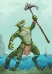  2020 anthro babanasaur belt bottomwear bracelet buckle clothing death digital_media_(artwork) fish fishing green_body green_scales hein_(biscuits) hi_res holding_object holding_spear holding_weapon horn impalement jewelry light lizard loincloth looking_up male marine melee_weapon membrane_(anatomy) open_mouth outside polearm reptile scales scalie signature sky solo spear stab standing standing_in_water straps sunlight water_drip weapon webbed_hands yellow_sclera 