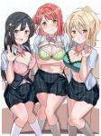  3girls arms_under_breasts black_hair blonde_hair blush bow bow_bra bra breasts brown_eyes cleavage clothes_lift crossed_arms dithered_background feet_out_of_frame green_eyes grey_eyes grin hair_between_eyes hair_bun highres kneehighs lace_trim large_breasts long_hair love_live! love_live!_nijigasaki_high_school_idol_club medium_breasts miniskirt miyashita_ai multiple_girls navel neck_ribbon open_clothes open_shirt panties panty_peek pink_hair plaid plaid_skirt ribbon school_uniform shiitake_taishi shirt_lift sitting skirt smile socks tearing_up uehara_ayumu underwear waving yuuki_setsuna_(love_live!) 