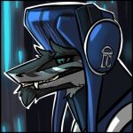  1:1 abstract_background anthro black_body black_fur blue_clothing blue_hat blue_headwear blue_topwear bust_portrait chin_tuft clothed clothing facial_tuft fangs fur glistening glistening_eyes grey_body grey_fur grin hat headgear headwear kardinaluz low_res male portrait pupils sergal shadowwolfhunter slit_pupils smile solo topwear unsigned white_clothing white_topwear 