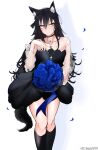  1girl absurdres alternate_costume animal_ear_fluff animal_ears arknights arm_up bangs bare_shoulders black_choker black_dress black_hair black_socks blue_flower blue_rose blush bouquet choker closed_mouth collarbone cross cross_necklace dress feet_out_of_frame flower highres holding holding_bouquet holding_flower jewelry long_hair looking_at_viewer necklace orange_eyes petals rose socks solo standing texas_(arknights) twitter_username white_background wolf_ears wuwuwu_(kriswu555) 