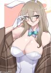  1girl adjusting_eyewear akane_(blue_archive) akane_(bunny)_(blue_archive) animal_ears aqua_bow aqua_bowtie arm_up bangs bare_shoulders blue_archive blush bow bowtie breasts brown_eyes cleavage closed_mouth detached_collar fake_animal_ears glasses gloves halo highres large_breasts leotard light_brown_hair light_smile lips long_hair looking_at_viewer mechanical_halo official_alternate_costume playboy_bunny rabbit_ears simple_background solo traditional_bowtie twitter_username upper_body white_gloves white_leotard wuwuwu_(kriswu555) 