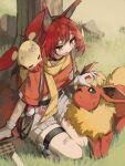  1girl absurdres against_tree animal_ears arknights bandaid bandaid_on_face bandaid_on_leg blush brown_eyes bruise flametail_(arknights) flametail_(sport_for_all)_(arknights) flareon gloves highres holding holding_sword holding_weapon injury looking_at_animal on_shoulder orange_shirt petting plusle poke_ball poke_ball_(basic) pokemon pokemon_(creature) pokemon_on_shoulder red_hair scarf shirt shorts smile squirrel_ears squirrel_tail suspenders sword tail togekk0 tree weapon white_gloves white_shorts 