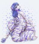  2022 anthro areola blue_nose breasts digital_media_(artwork) eyebrows eyelashes felid female fur hair hi_res mammal mifa nipples nude pantherine pawpads purple_body purple_eyes purple_fur purple_hair purple_pawpads smile striped_body striped_fur stripes tiger 