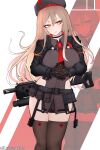  1girl ammunition_belt assault_rifle bangs beret black_choker black_gloves black_jacket blonde_hair breasts brown_thighhighs choker collared_leotard cropped_jacket expressionless feet_out_of_frame gloves goddess_of_victory:_nikke gun gun_on_back h&amp;k_hk416 hand_on_hand hat highres jacket large_breasts light_blush long_hair long_sleeves looking_at_viewer necktie open_mouth orange_eyes parted_lips rapi_(nikke) red_necktie rifle simple_background solo standing thighhighs twitter_username weapon weapon_on_back wuwuwu_(kriswu555) 