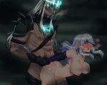  1boy 1girl abs alternate_costume armlet ashe_(league_of_legends) ass bangs beard black_gloves black_pants blue_eyes blue_sleeves blush breasts cookie3w3 cowboy_shot crown detached_sleeves facial_hair from_side gloves glowing green_background grey_hair hetero highres large_breasts league_of_legends long_hair muscular muscular_male navel nipples pants rape ruined_(league_of_legends) saliva sex sex_from_behind shiny shiny_hair shiny_skin shoulder_plates shoulder_spikes spikes tears tryndamere 