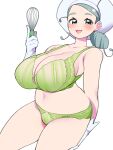  1girl :d alternate_breast_size bellupup blush bra breasts chef_hat cleavage collarbone commentary_request cowboy_shot gloves green_bra green_eyes green_hair green_panties hand_up hat highres holding holding_whisk huge_breasts katy_(pokemon) looking_at_viewer mole mole_under_eye navel open_mouth panties pokemon pokemon_(game) pokemon_sv simple_background smile solo tongue underwear whisk white_background white_gloves white_headwear 
